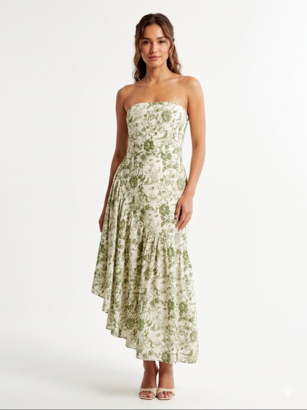 English Factory Strapless Cream Dress with Green Floral Toile Print Size M